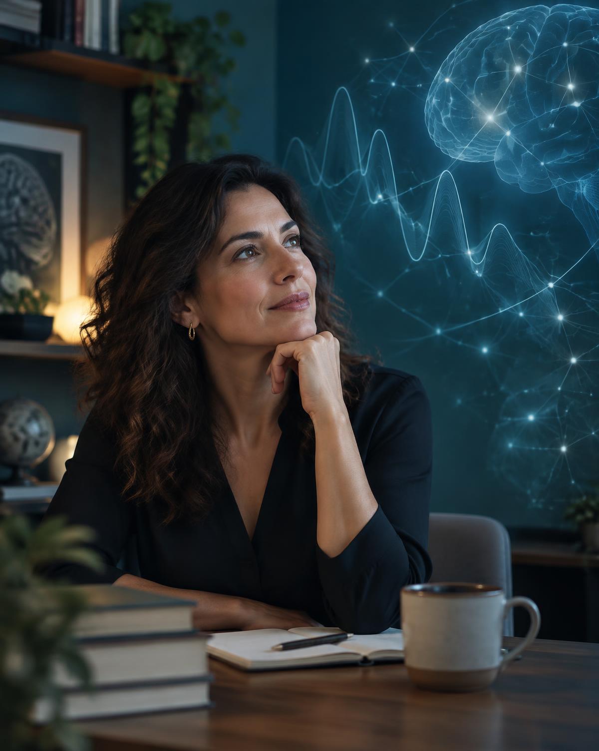 Mulher observando uma representação sutil do cérebro e de ondas neurais